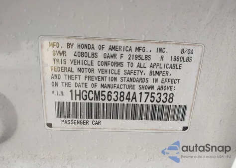 2004 Honda Accord 2.4 Lx from USA, damaged, VIN 1HGCM56384A175338